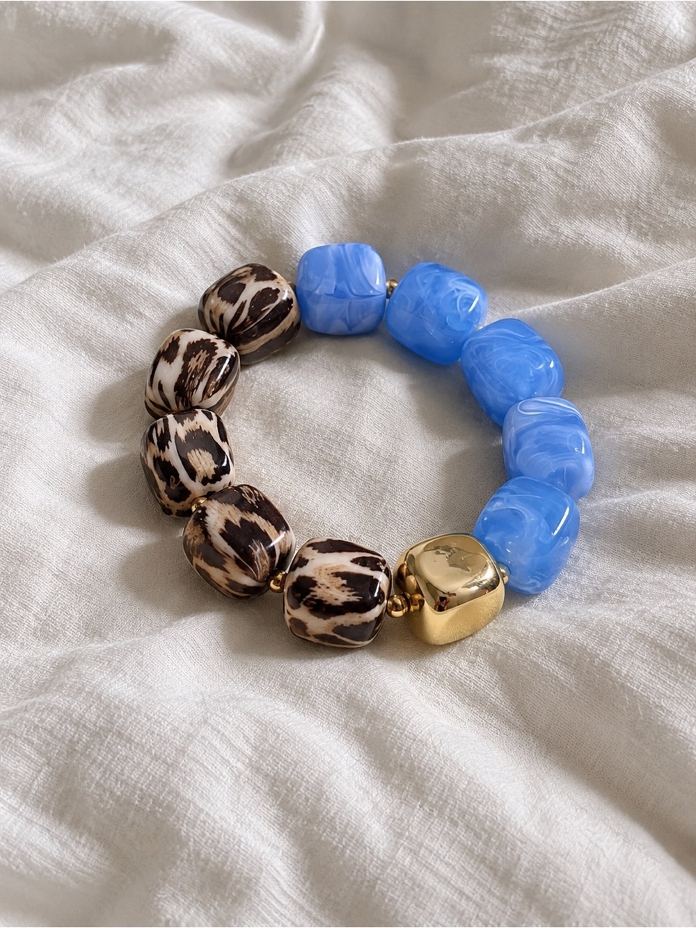 Blue and Brown Beaded Stretch Bracelet with Gold Accent
